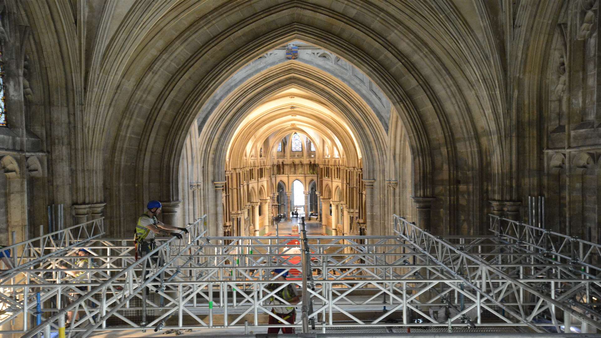 Scaffolders at work on the safety deck.