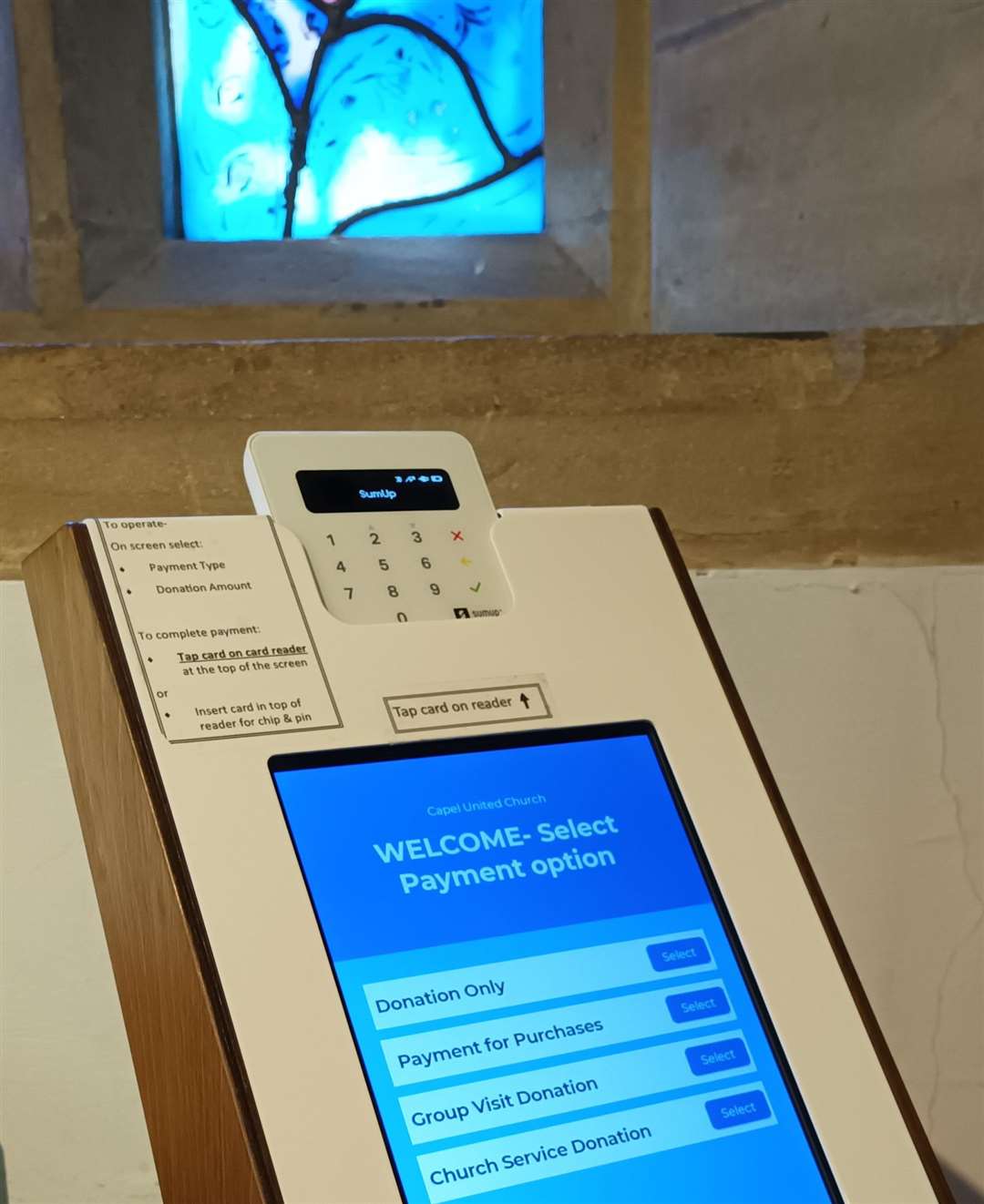 The rural church of All Saints’, Tudeley with its renowned Chagall windows, has found the installation of its contactless machine a great help with visitors. Image: Diocese of Rochester.