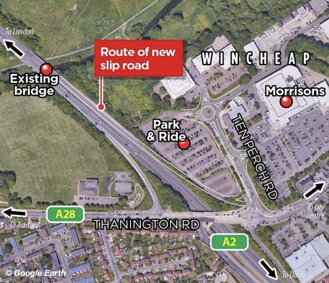 A graphic showing the proposed changes to the road system to deliver a new A2 off-slip at Wincheap