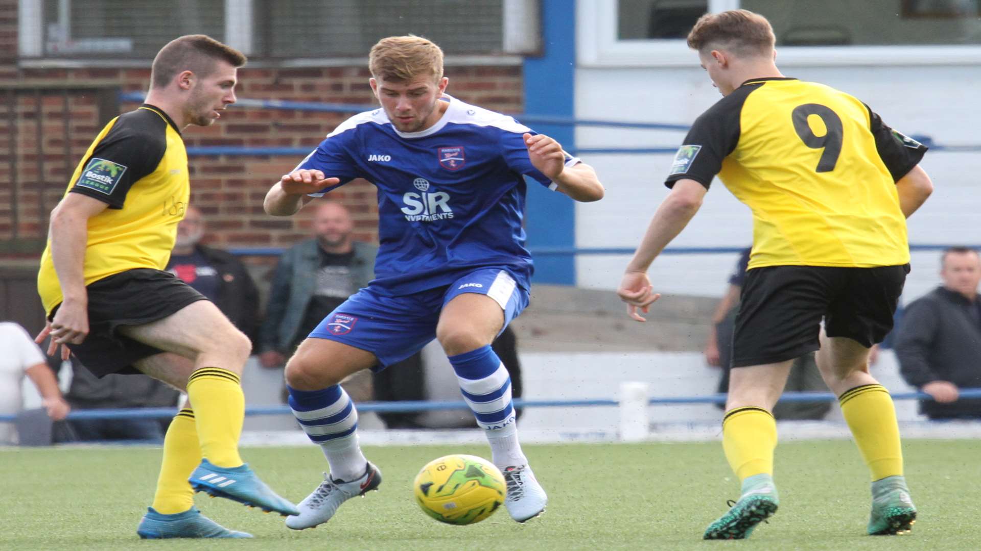 Margate (blue) take on Herne Bay in the FA Cup. Picture: Don Walker