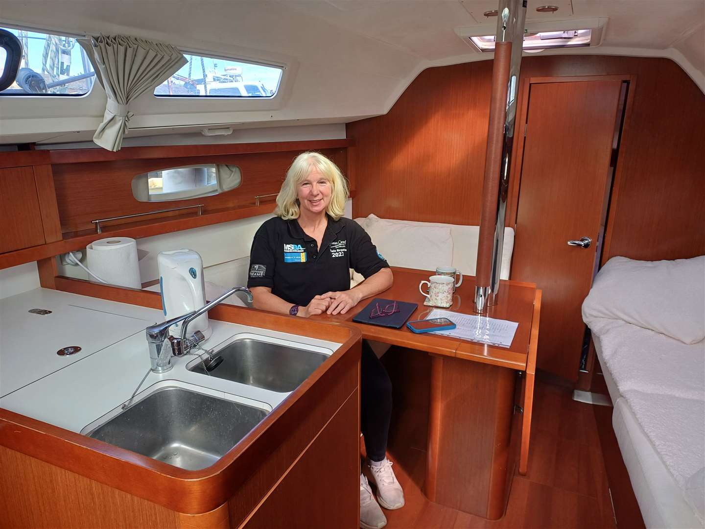 Jo Fray on board her boat Florence