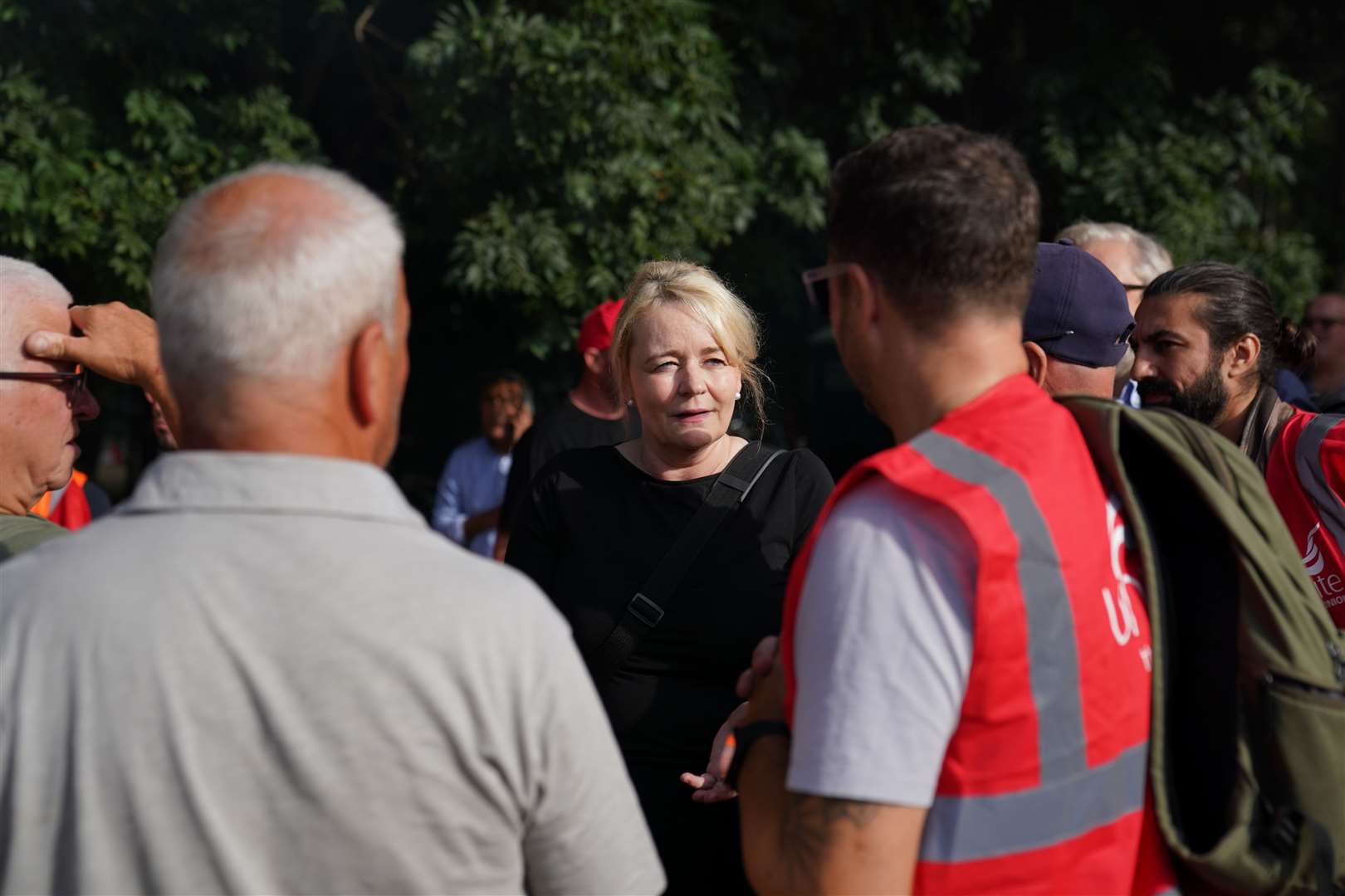 Unite general secretary Sharon Graham speaks to her members on a picket line (Joe Giddens/ PA)