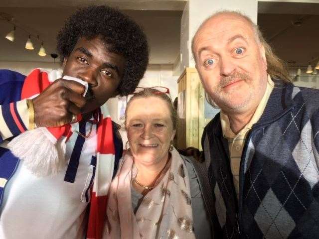 Sandra Hassan with left, Jimmy Akingbola and Bill Bailey filming for Sky comedy In The Long Run last year