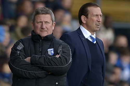 Gillingham's David Kerslake with boss Justin Edinburgh Picture: Barry Goodwin