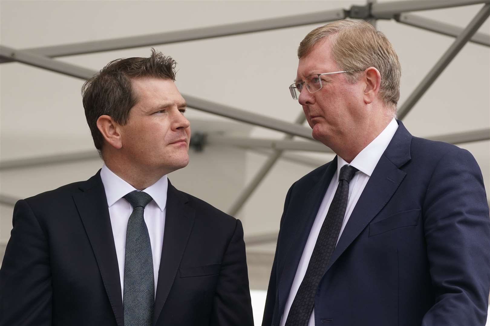 Minister of State for European Affairs Peter Burke (left) and Lord Jonathan Caine, representing the British government, following a service to mark the 25th anniversary of the bombing that devastated Omagh in 1998 (Brian Lawless/PA)