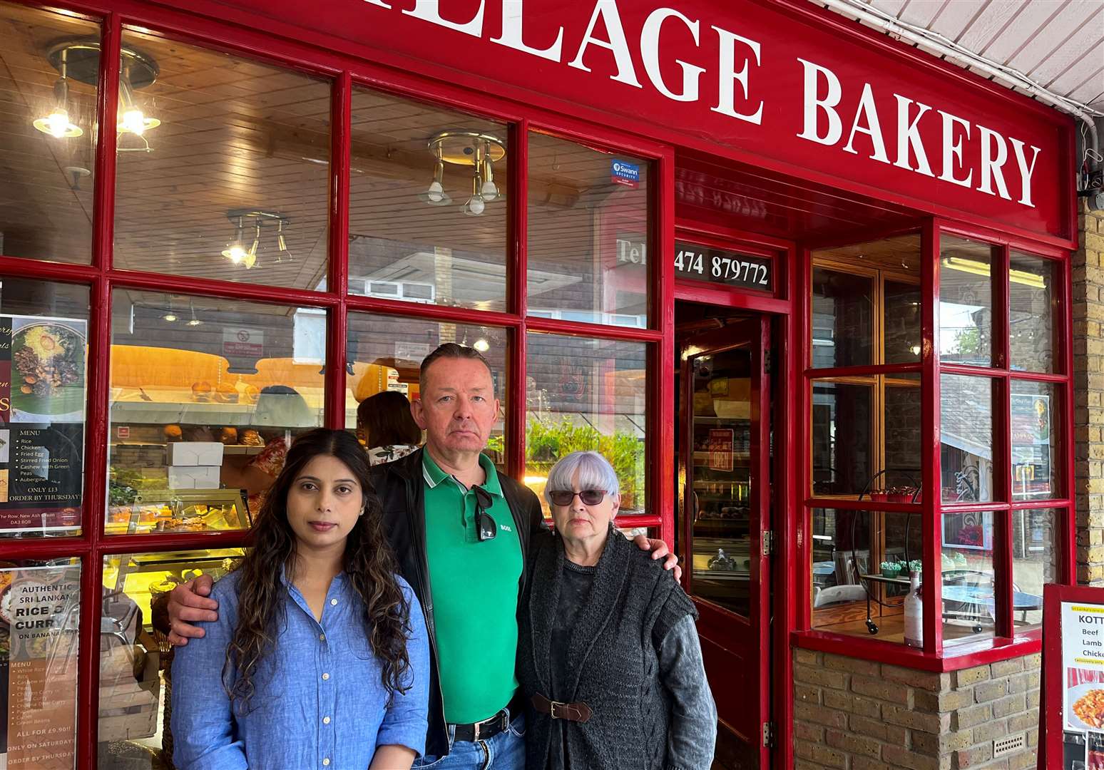 Cllr Shani Manmperi, Cllr Mark Lindop and Liz Boniface outside The Village Bakery in New Ash Green Shopping Centre