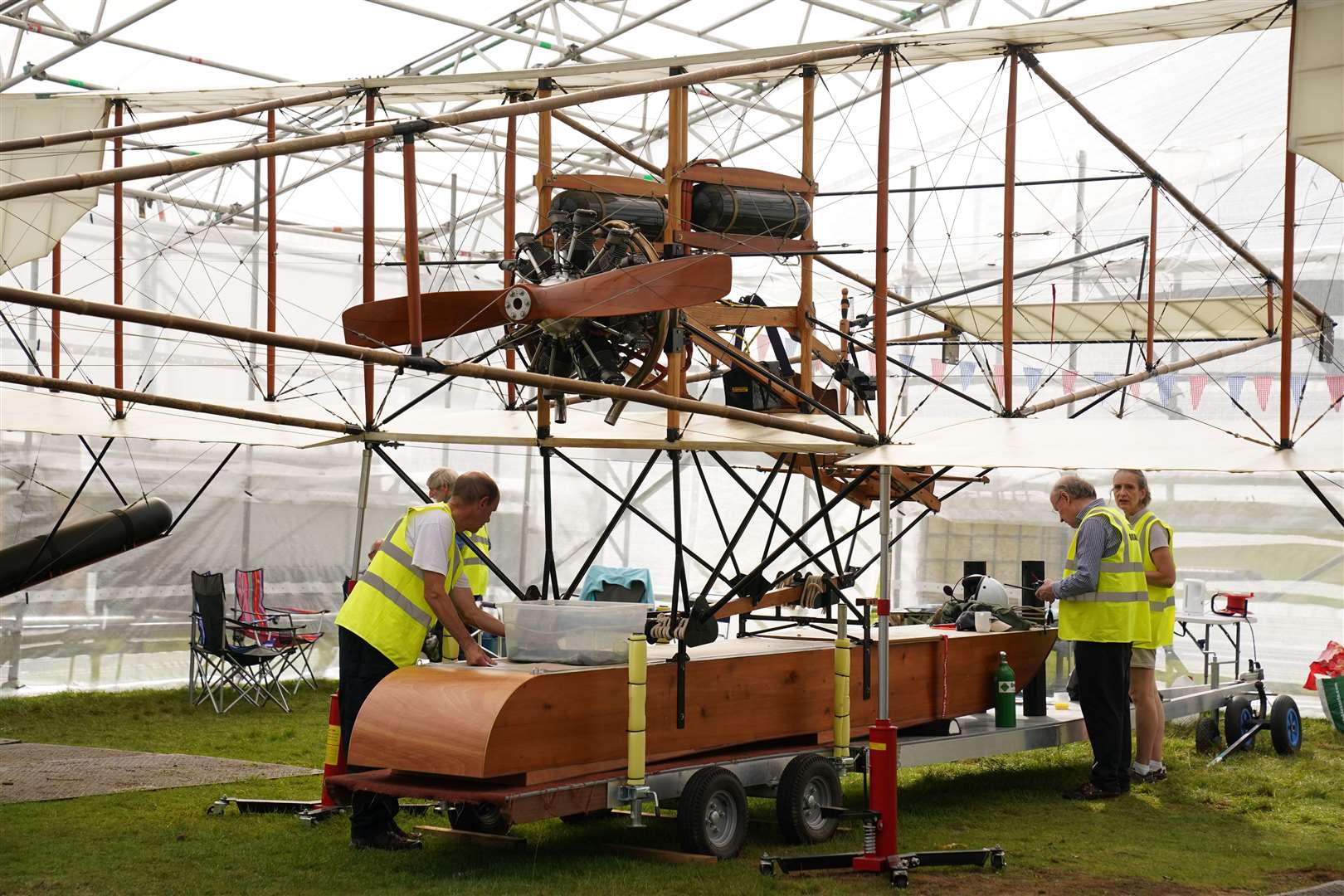 Preparations at Windermere for the first public flights of seaplane replica Waterbird (Owen Humphreys/PA)