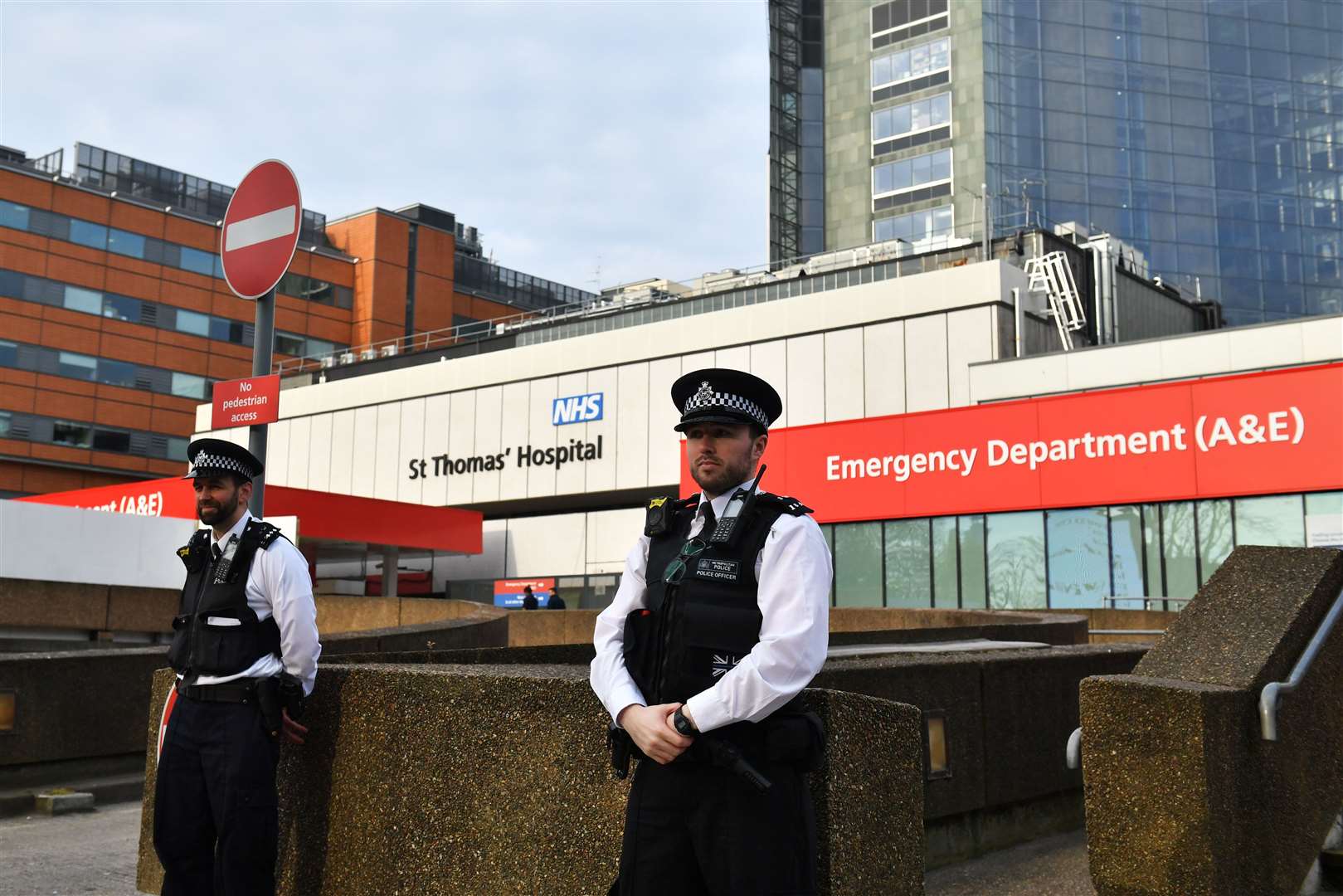 Police officers outside St Thomas’ Hospital in Central London while Boris Johnson was in intensive care (Dominic Lipinski/PA)