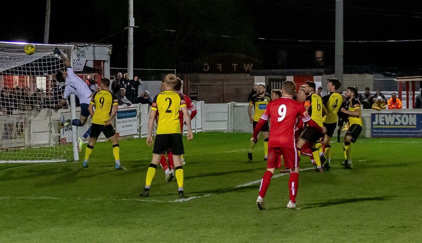 Scott Doe's header hits the bar in Whitstable's win over Chichester on Tuesday. Picture: Les Biggs