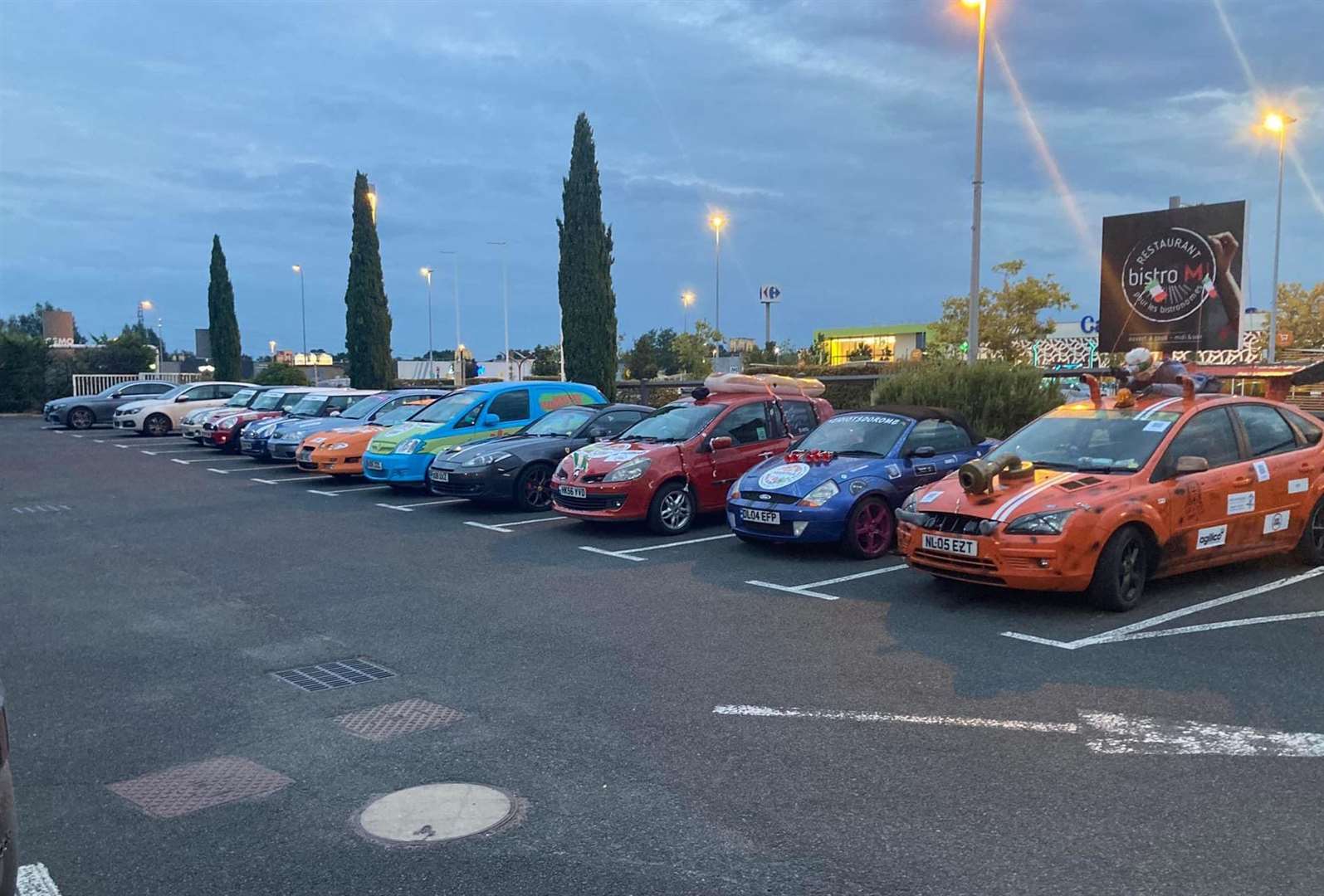 All the cars lined up as part of the Rome or Bust car challenge