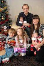 Victoria Eldridge and Paul Shaw with new twins Nicholas and Matthew and three-year-old William and Isabel