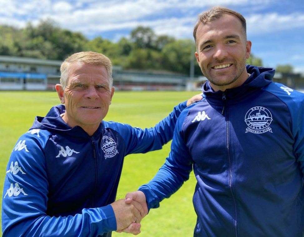 Dover boss Andy Hessenthaler with his new player-assistant manager Mitch Brundle. Picture: Richard Harvey/DAFC