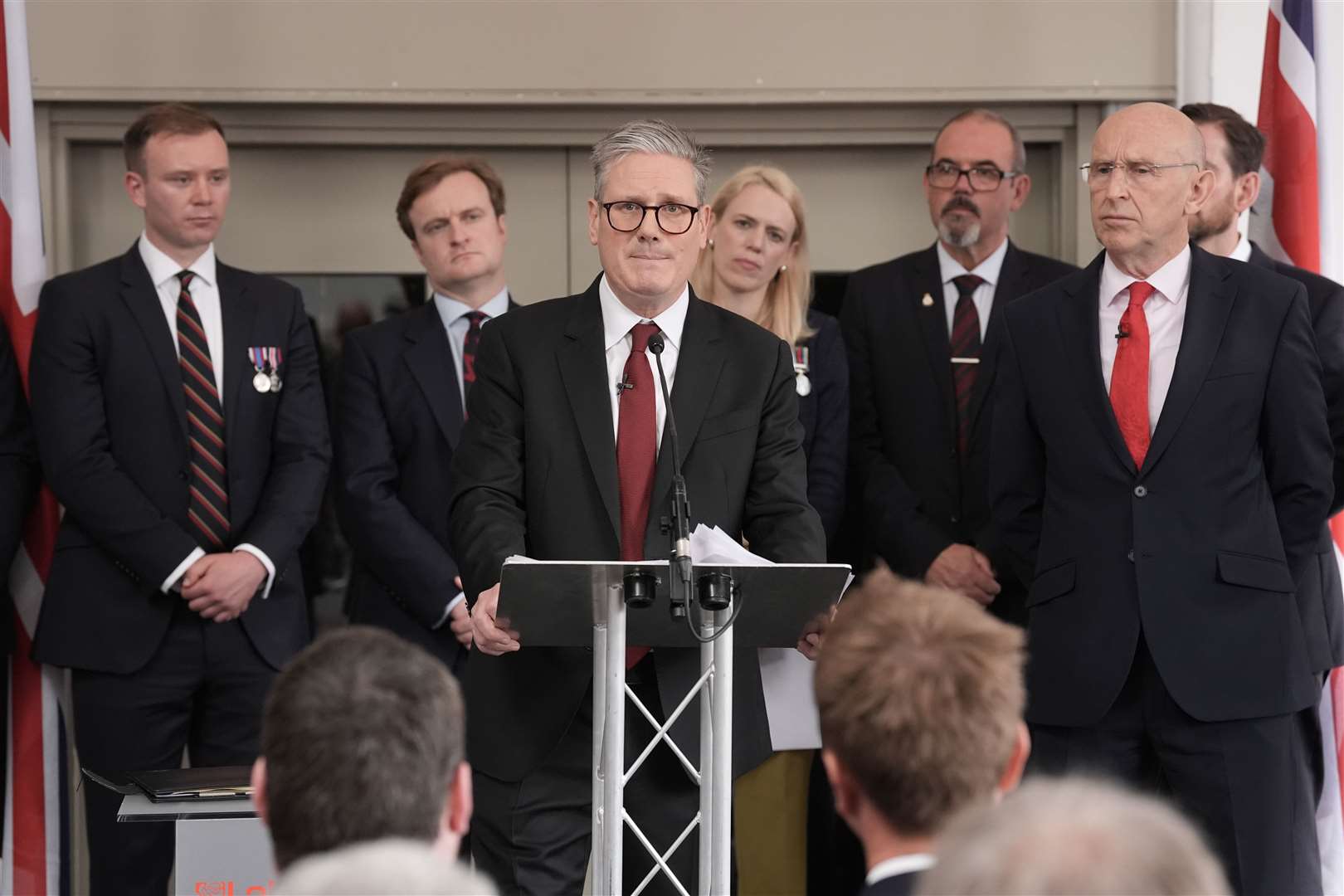 Sir Keir Starmer at his defence launch backed by Labour candidates who have served in the military (Stefan Rousseau/PA)