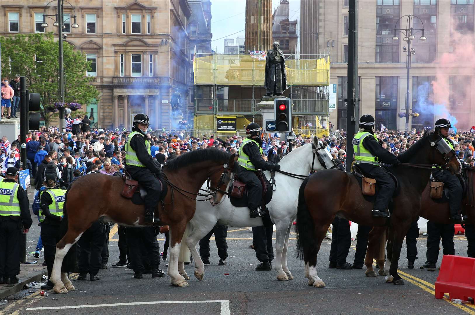 Rangers fans’ celebrations in Glasgow’s George Square ended in violence (Andrew Milligan/PA)