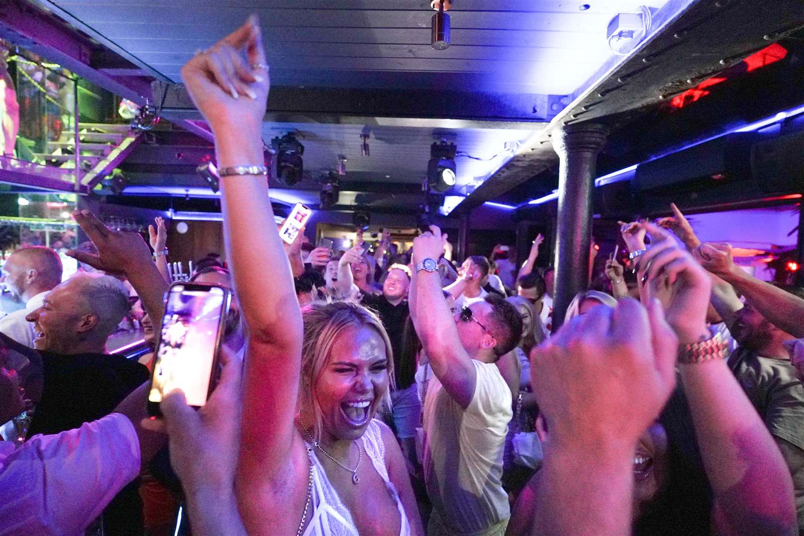 People dancing in Bar Fibre in Leeds, after the final legal coronavirus restrictions were lifted in England (PA)