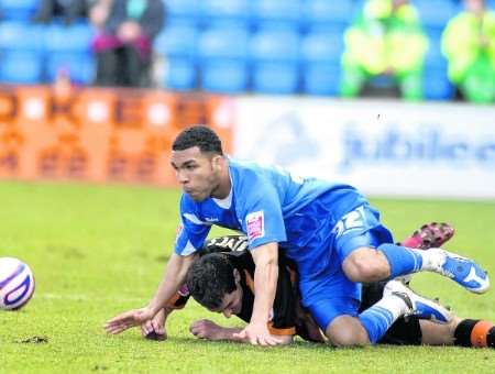 Andy Barcham tries to find a way past Barnet's Nicky Deverdics. Picture: Grant Falvey