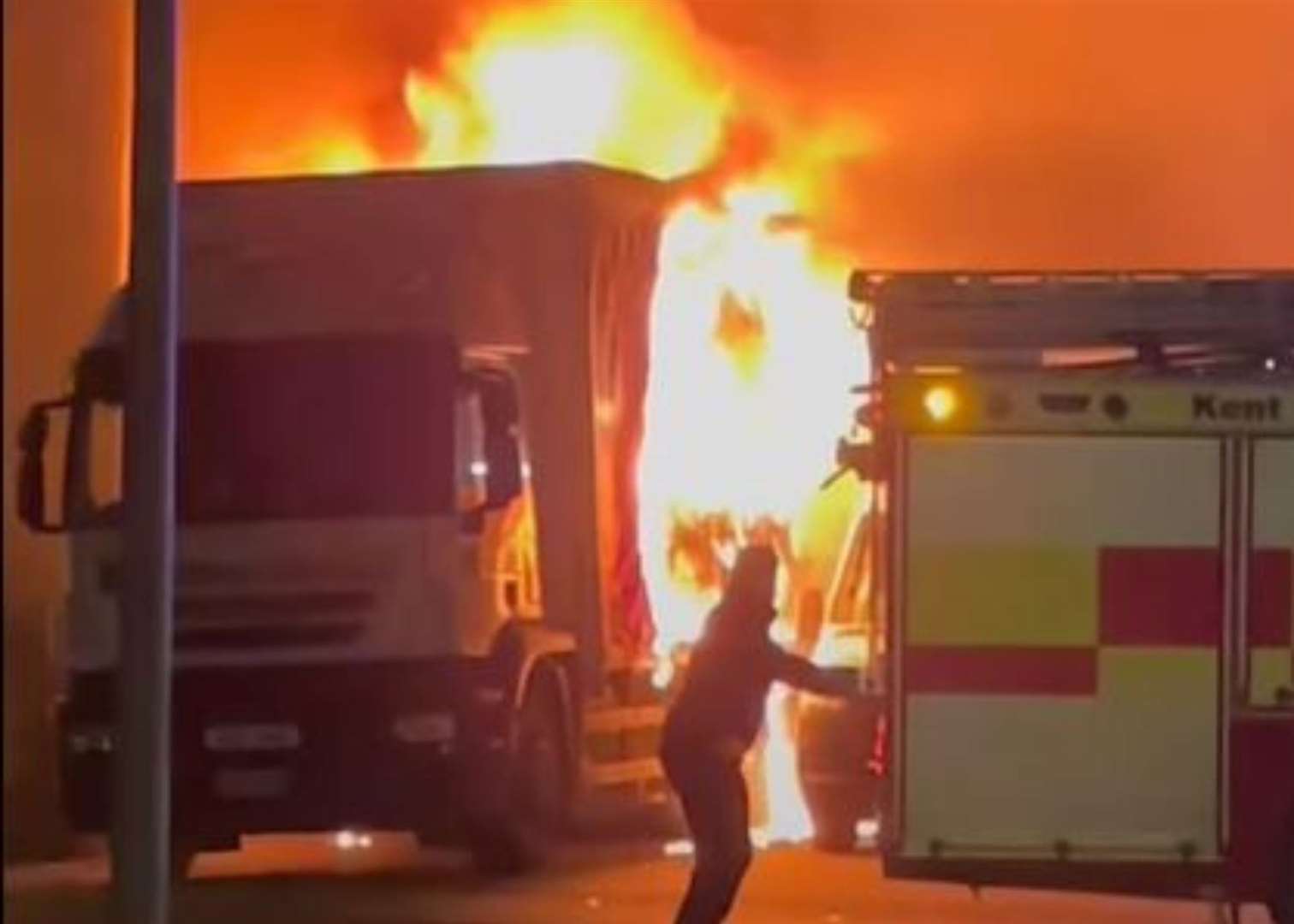 Fire crews arrive at the scene of the lorry fire in Suffolk Road, Dartford, and quickly start tackling the flames. Picture: Naweed Hotak