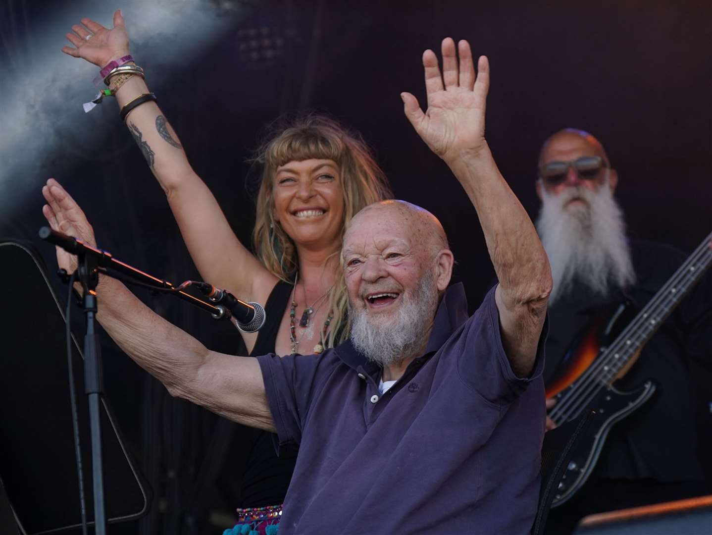 Michael Eavis appears with his band on the Park Stage at the Glastonbury Festival at Worthy Farm in Somerset (Yui Mok/PA)