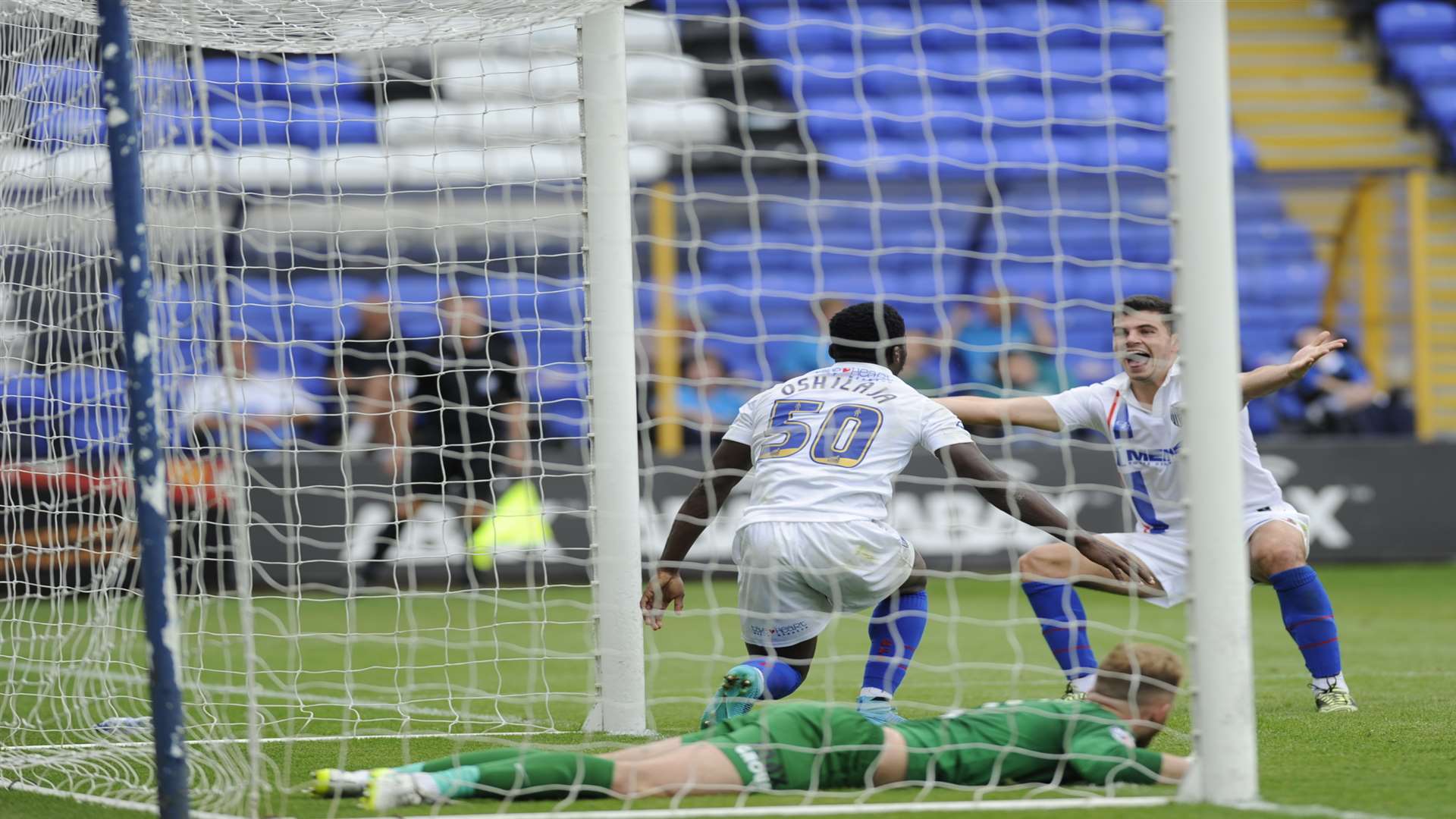 Adedeji Oshilaja celebrates his goal with John Egan Picture: Barry Goodwin