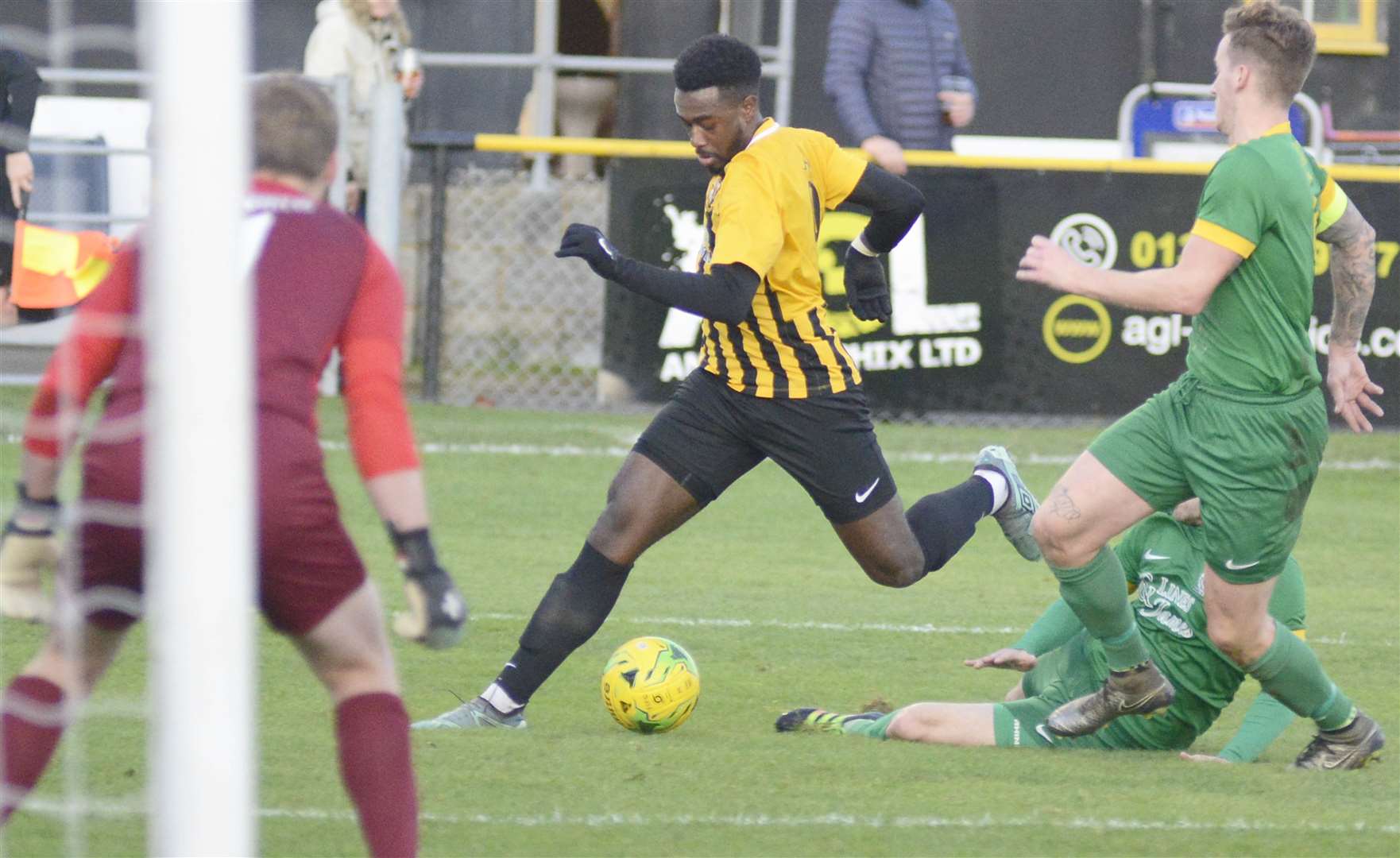 Folkestone's Ira Jackson bears down on the Horsham goal Picture: Paul Amos