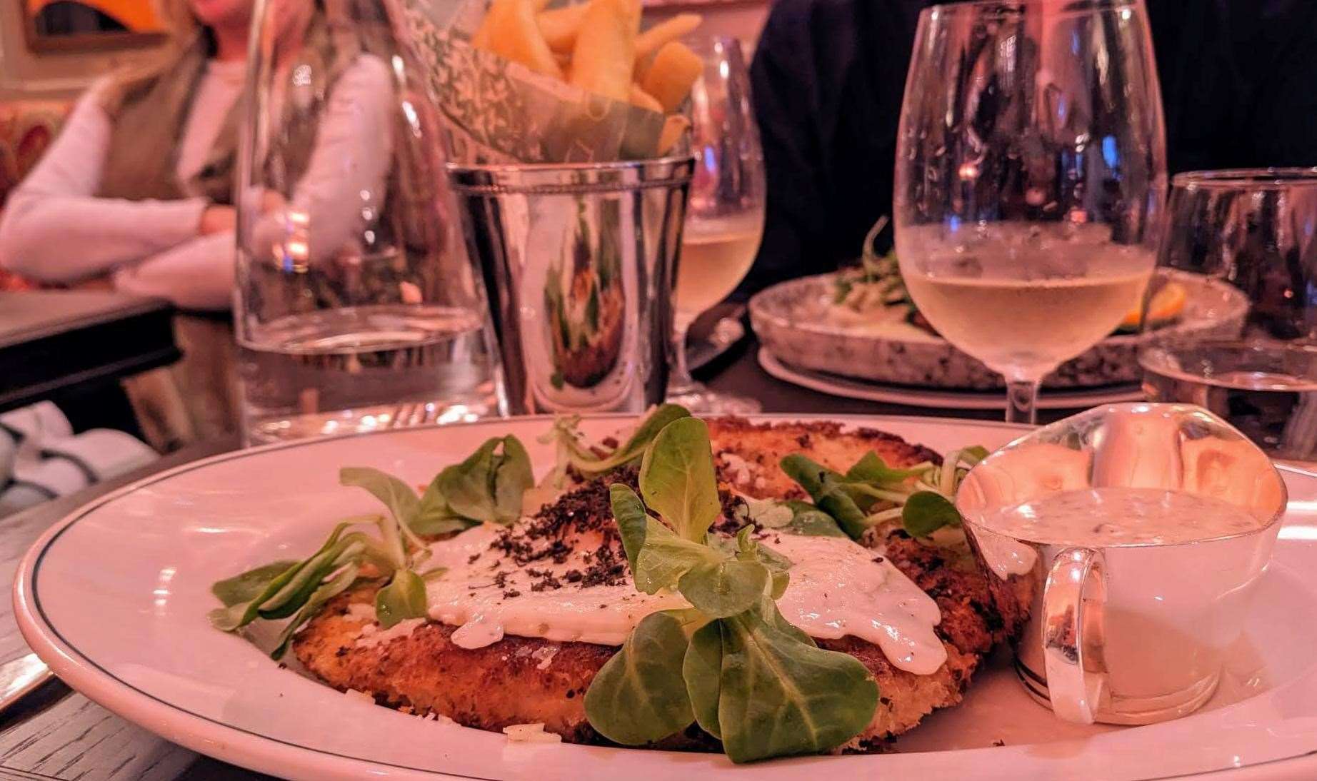 Chicken Milanese cam served with egg and a truffle sauce – but chips were extra