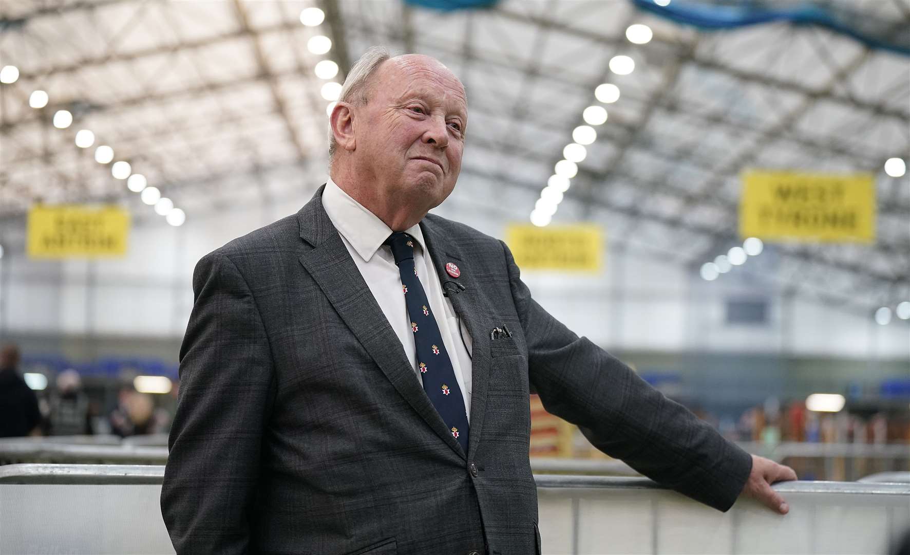 Jim Allister taking to the media at Meadowbank Sports Arena, Magherafelt, during the count for the 2024 General Election (Niall Carson/PA)