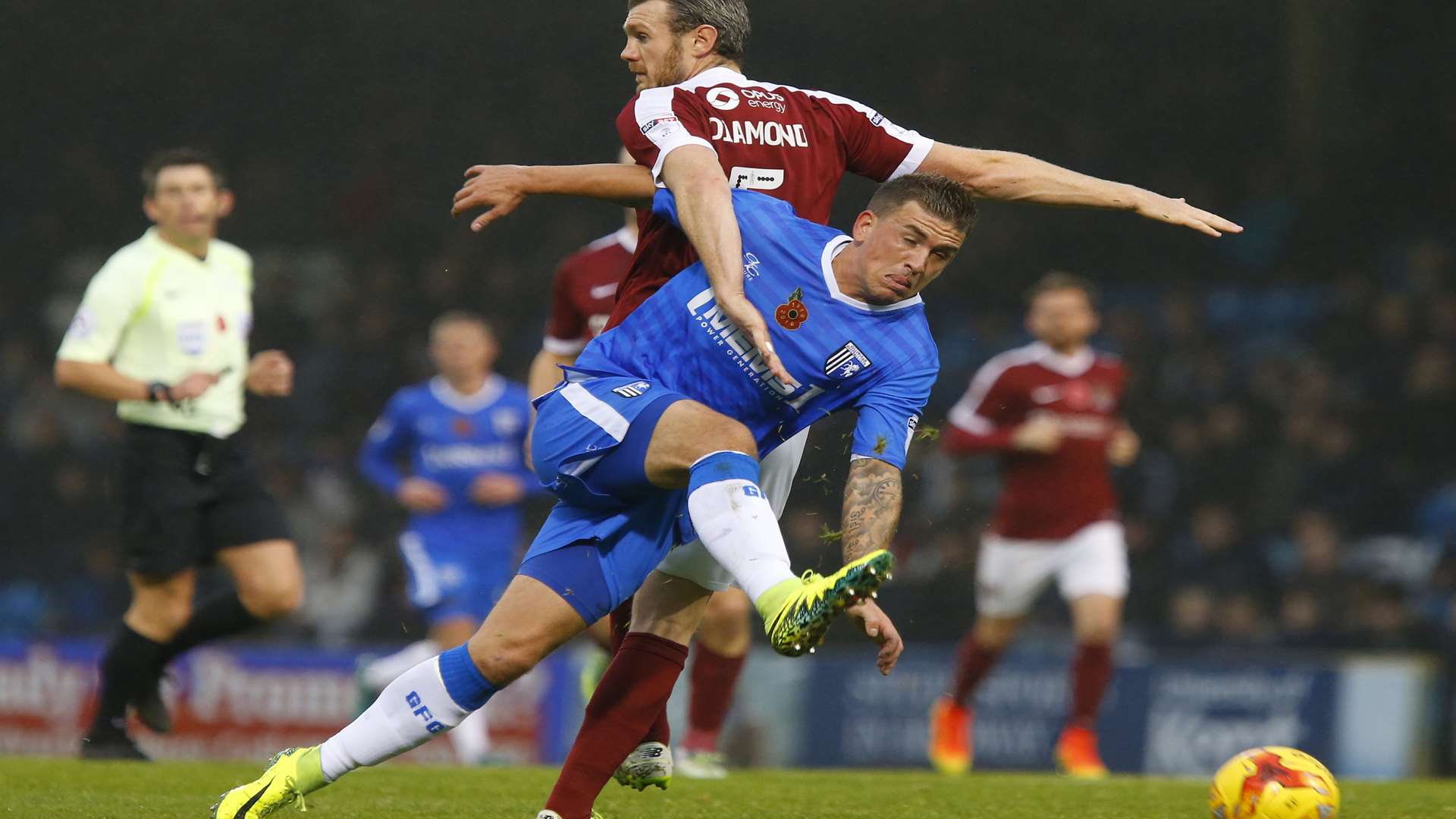 Cody McDonald gets into a tangle with the Northampton defence Picture: Andy Jones