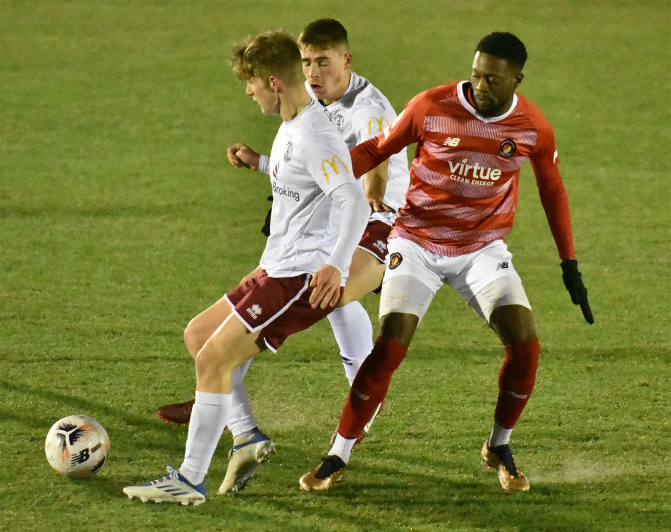 Ebbsfleet goalscorer Rakish Bingham closes down Chelmsford's Kai Yearn on Tuesday. Picture: Ed Miller/EUFC