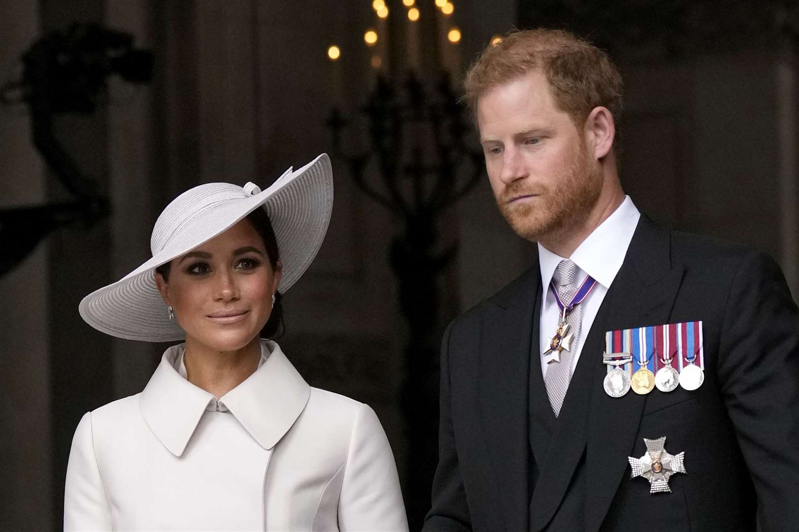 The Duke and Duchess of Sussex leaving the National Service of Thanksgiving at St Paul’s Cathedral during the Platinum Jubilee celebrations in June (PA)