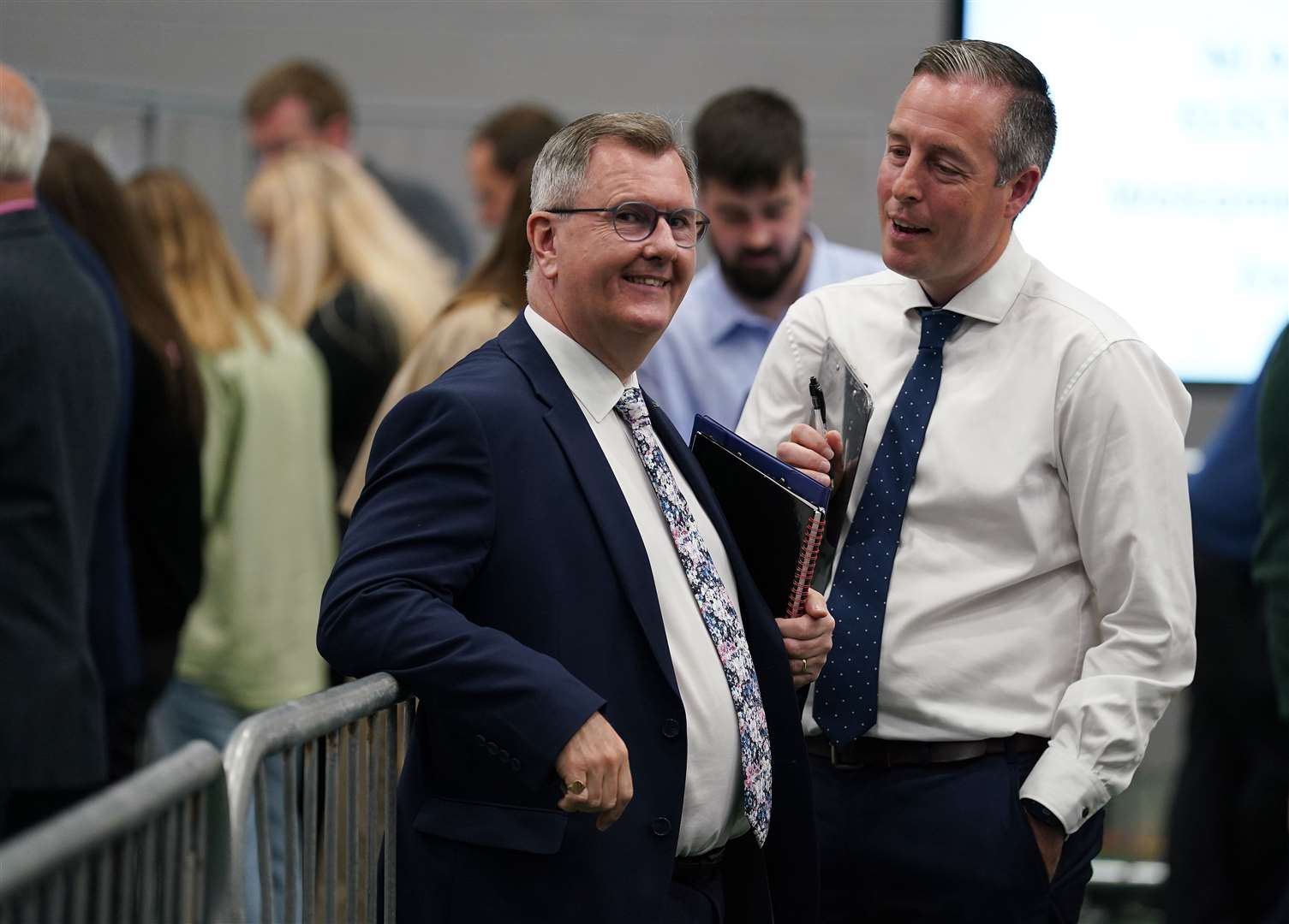 Democratic Unionist Party candidates for Lagan Valley party leader Jeffrey Donaldson (left) and Paul Givan at Ulster University Jordanstown count centre in Newtownabbey as counting is underway in the Northern Ireland Assembly Election (Brian Lawless/PA)