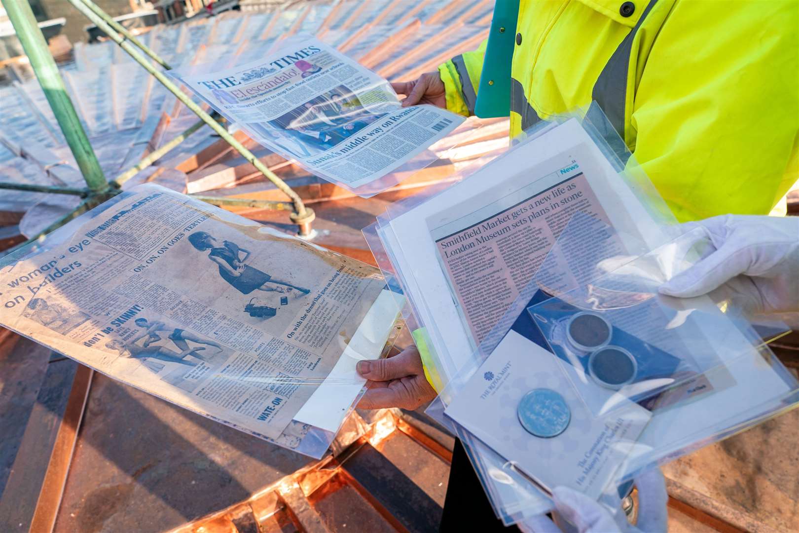 New and old items which will be placed in a time capsule on the refurbished roof at the former meat market in London (Aaron Chown/PA)