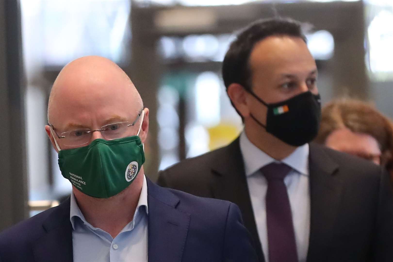 Stephen Donnelly and Leo Varadkar arriving for the press briefing (Niall Carson/PA)