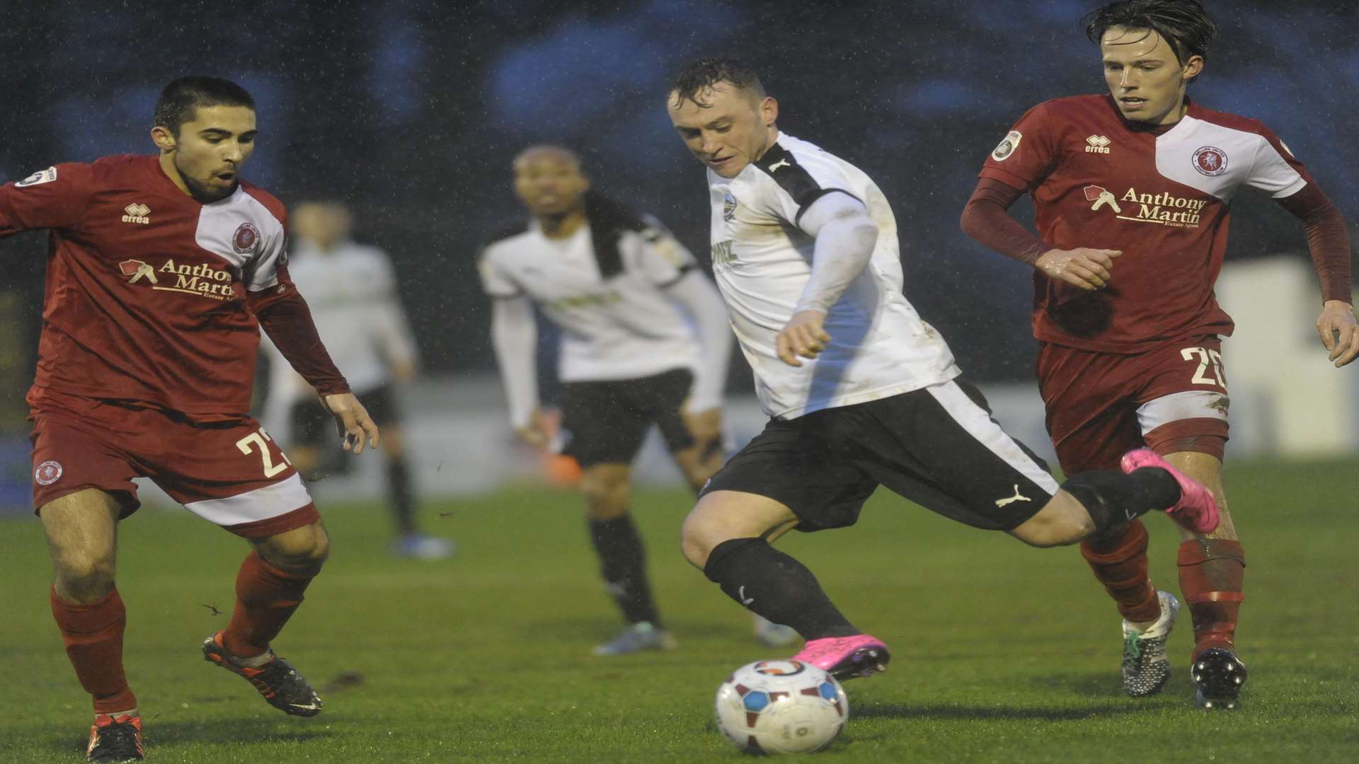 Dover's Ricky Miller tries to find some space in the Welling penalty area. Picture: Tony Flashman