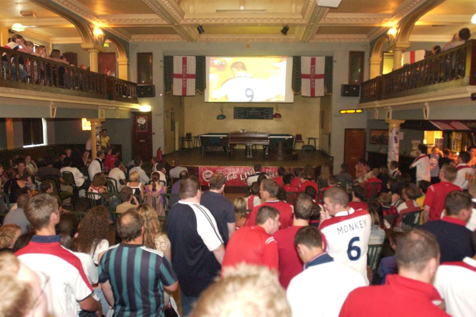 England fans watch Rooney and co during Euro 2004 at The Leas Club in Folkestone, which has now been demolished