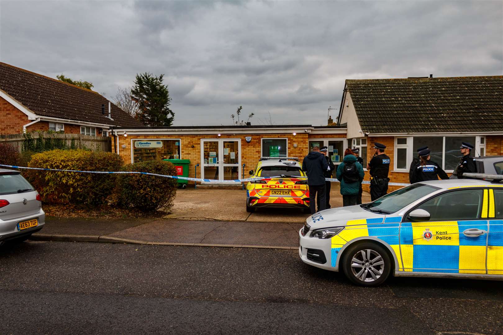 Police at the scene of a suspected robbery at Cheadels Chemist in Seasalter, near Whitstable. Picture: Les Hawkins