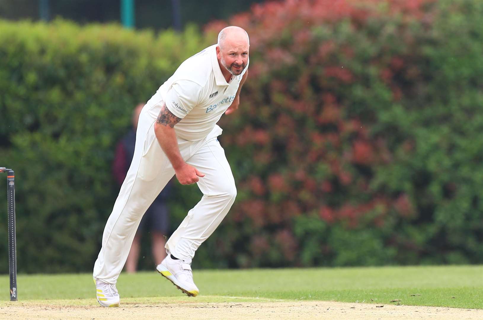 Darren Stevens bowling for St Lawrence & Highland Court against Canterbury at Polo Farm. Picture: Gary Restall