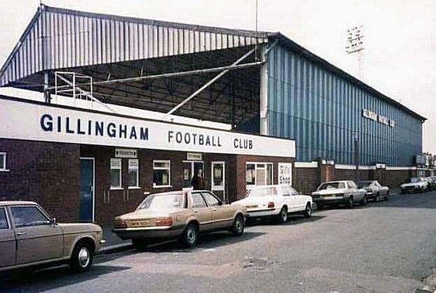 The main stand at Priestfield in about 1986. It was knocked down and replaced by the modern Medway Stand. Picture: Chris Matterface/WikiCommons