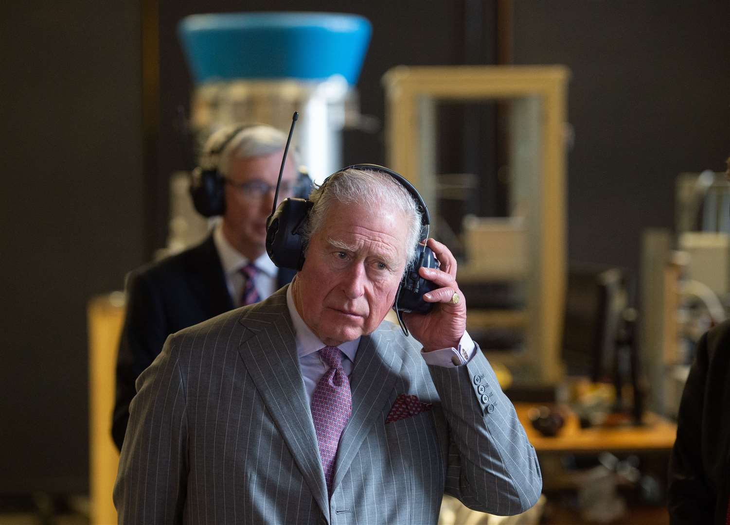 The Prince of Wales wearing ear defenders during a visit to the Whittle Laboratory in January, a power research lab at the University of Cambridge (Joe Giddens/PA)