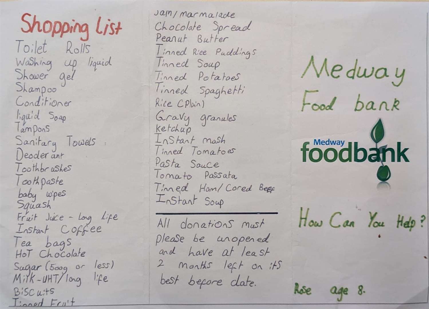 The Medway Foodbank shopping list which Rose distributed to everyone she saw