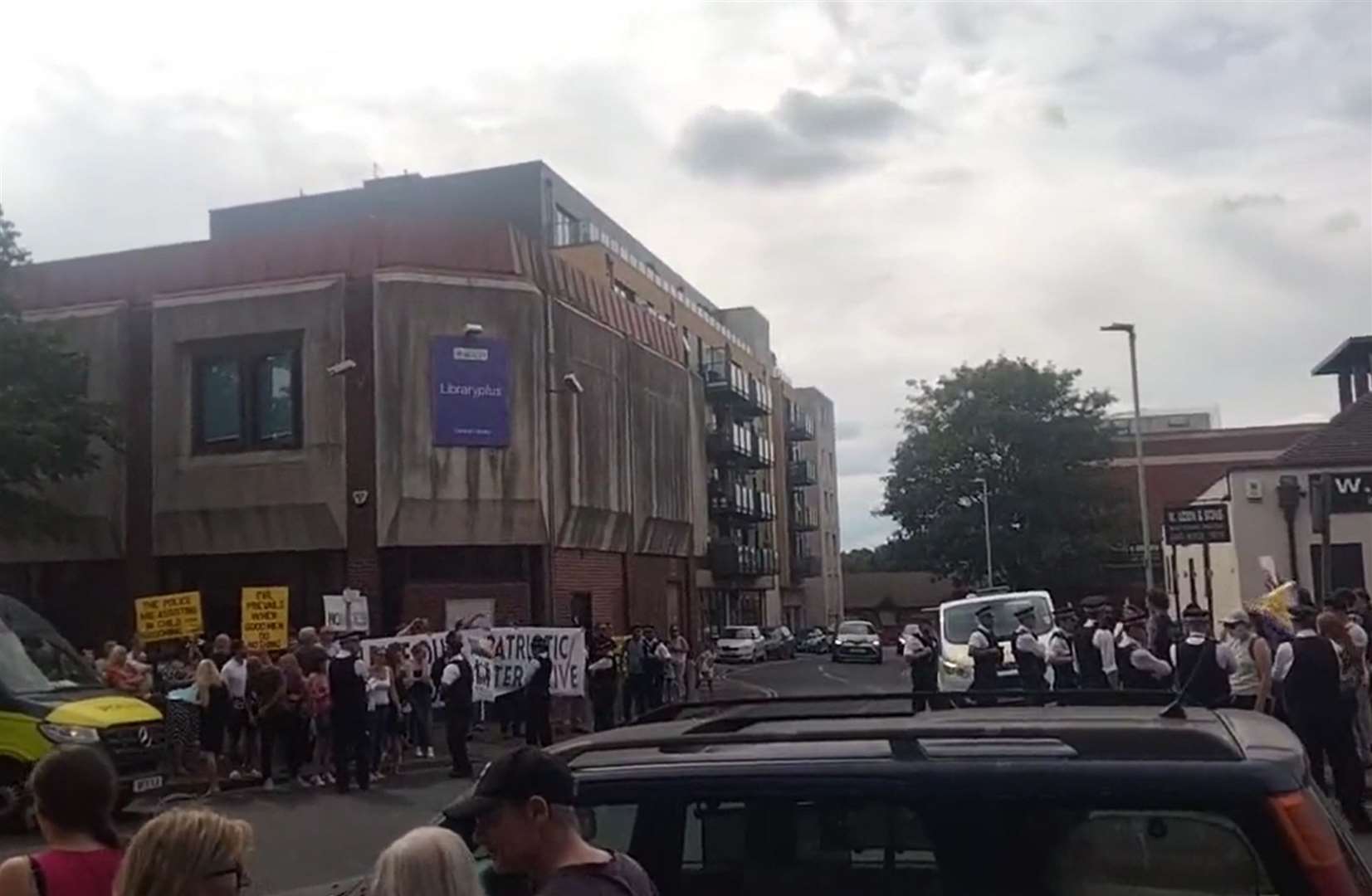 Far-right protest outside Bexleyheath library on Saturday, with a sizeable police presence at the scene. Picture: Sean Delaney
