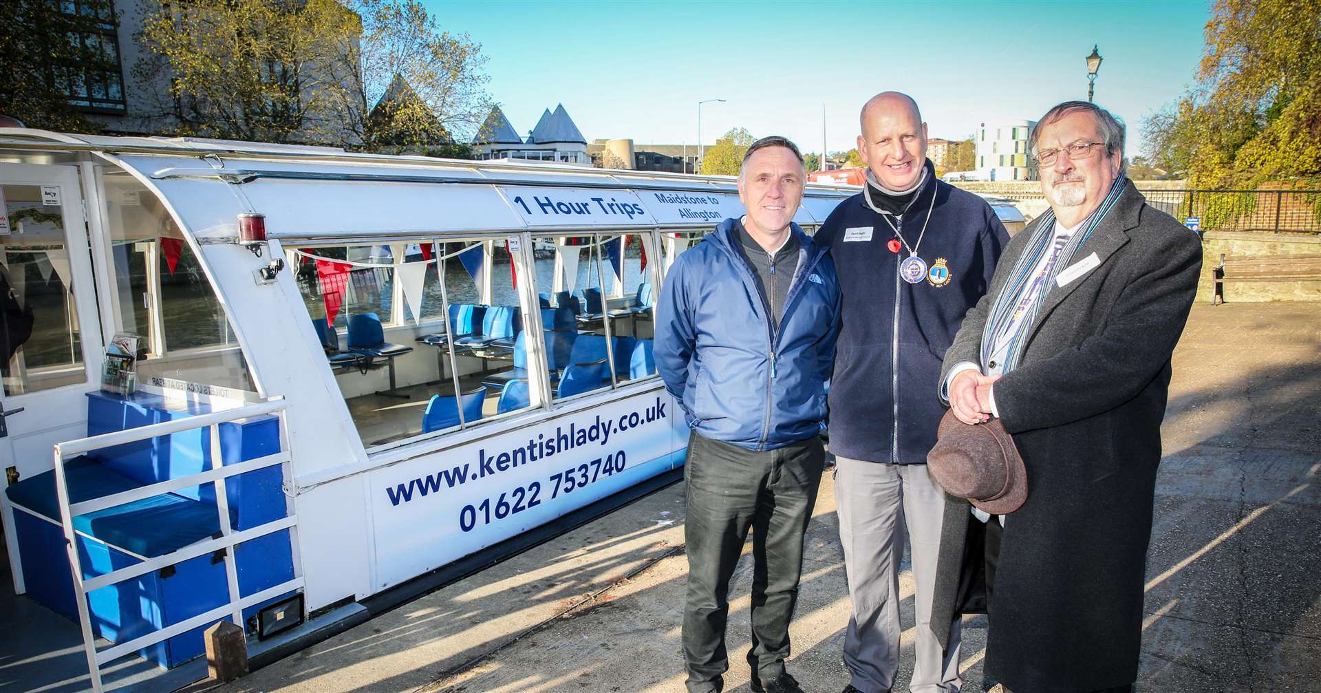 Nick Kennedy of the Kentish Lady takes VIPs on a trip to Allington Castle, Cllr David Naghi and David Pickett