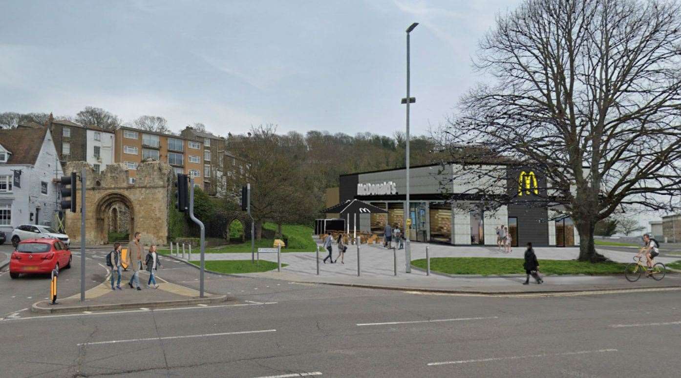 A CGI shows St James’ Church and what the planned McDonald's could look like in Dover. Picture: Planware Ltd