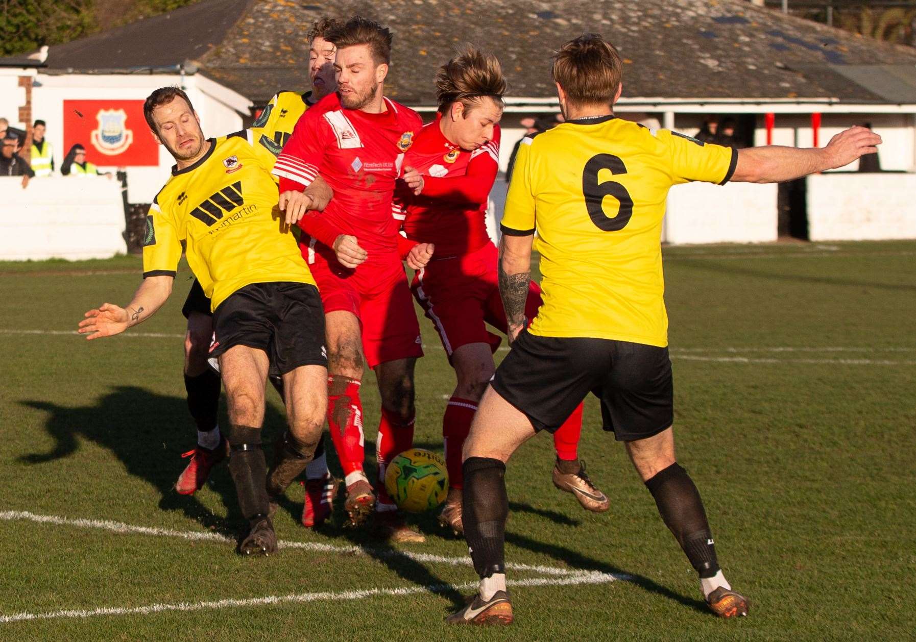 Whitstable tussle for the ball with Ramsgate on Saturday. Picture: Les Biggs