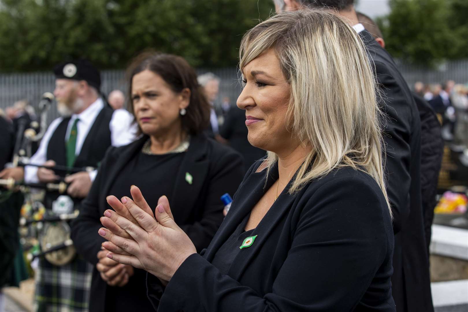 Sinn Fein leader Mary Lou McDonald (left) and deputy First Minister Michelle O’Neill at Bobby Storey’s funeral (Liam McBurney/PA)