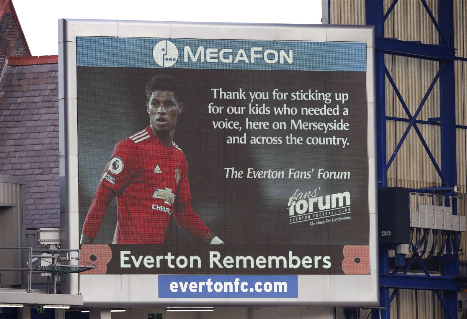 The big screen at Everton’s Goodison Park ground displayed a message before their game against Manchester United thanking Marcus Rashford for his free school meals campaign (Clive Brunskill/PA)