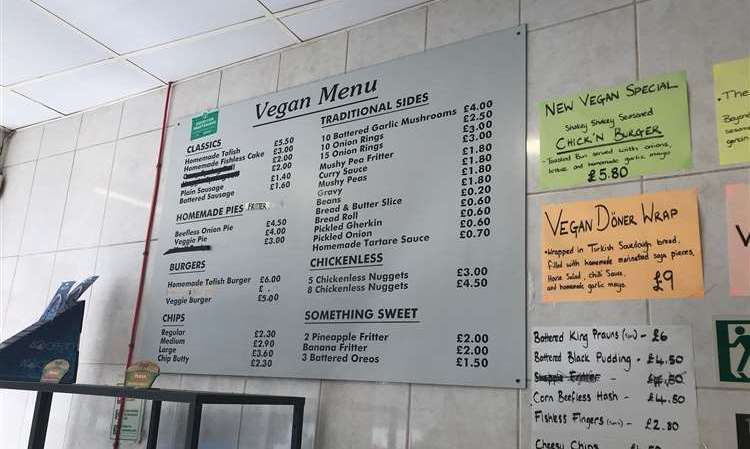 The vegan menu (the one with the regular fish and meat products is behind the counter in the traditional spot) at Shakey Shakey in Ramsgate