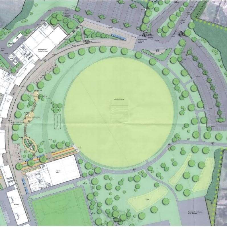 Original plans for the Oasis Academy Minster site on Sheppey show a cricket pitch with changing rooms and surrounded by trees