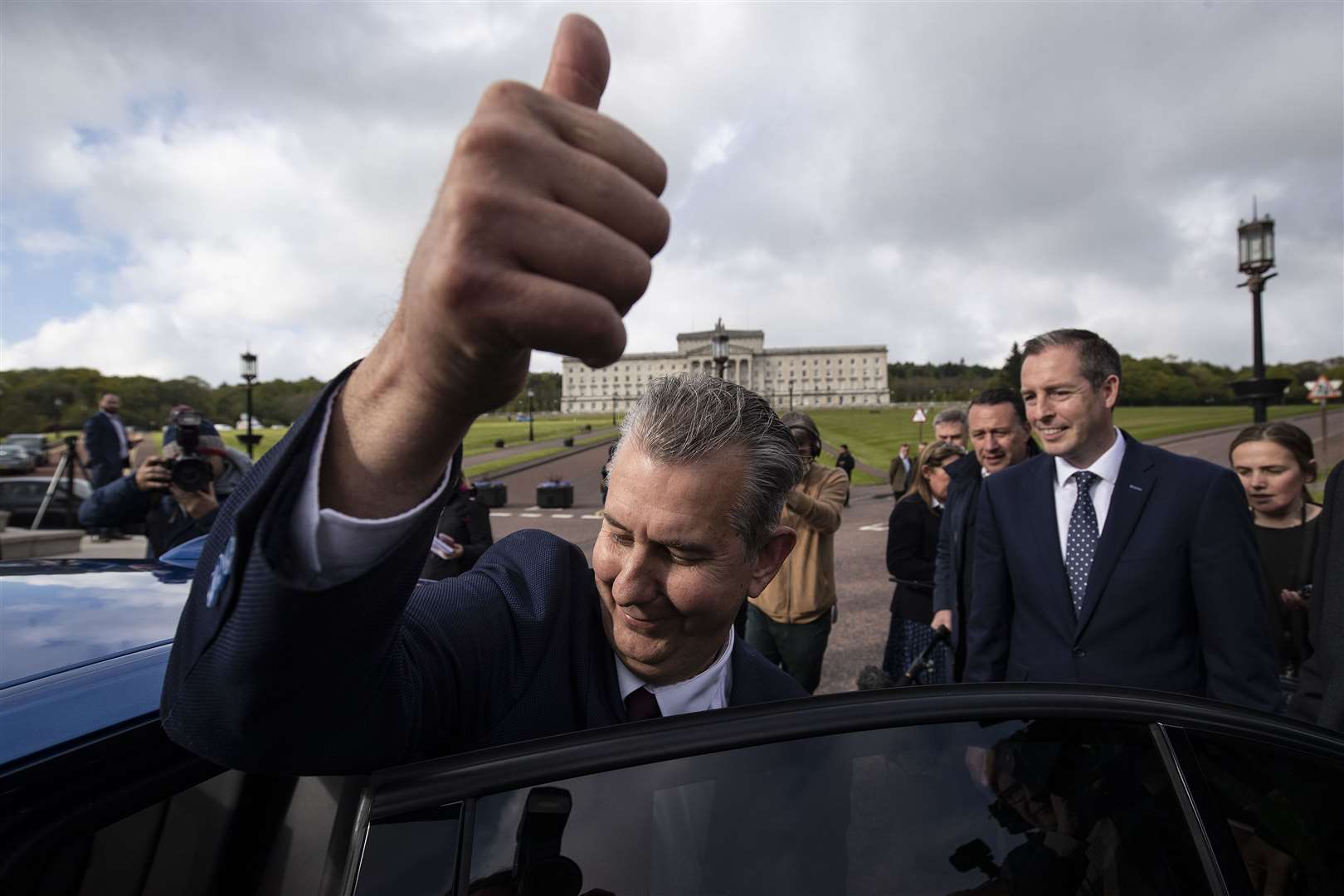 Edwin Poots leaving Stormont after making a statement (Brian Lawless/PA)