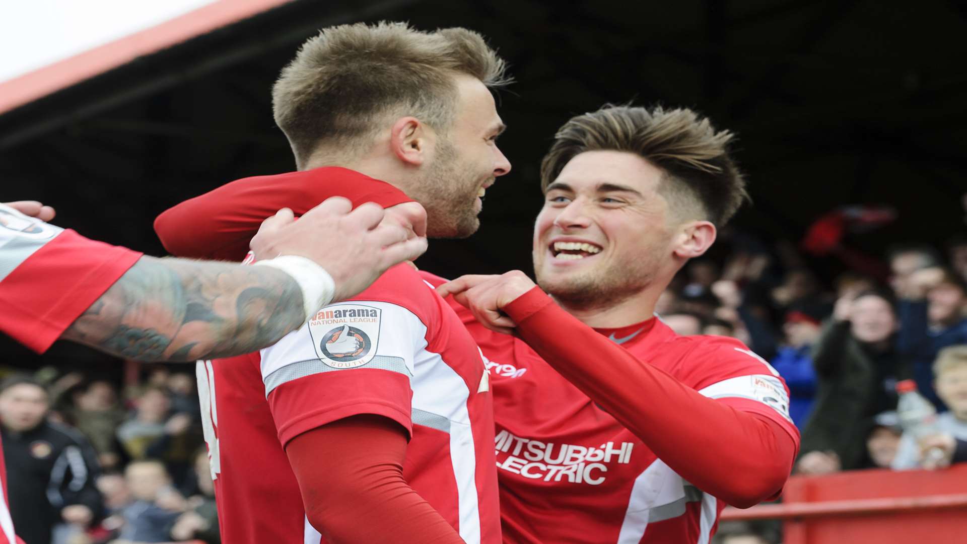 Matt Godden celebrates with Sean Shields after putting Ebbsfleet 3-1 up Picture: Andy Payton