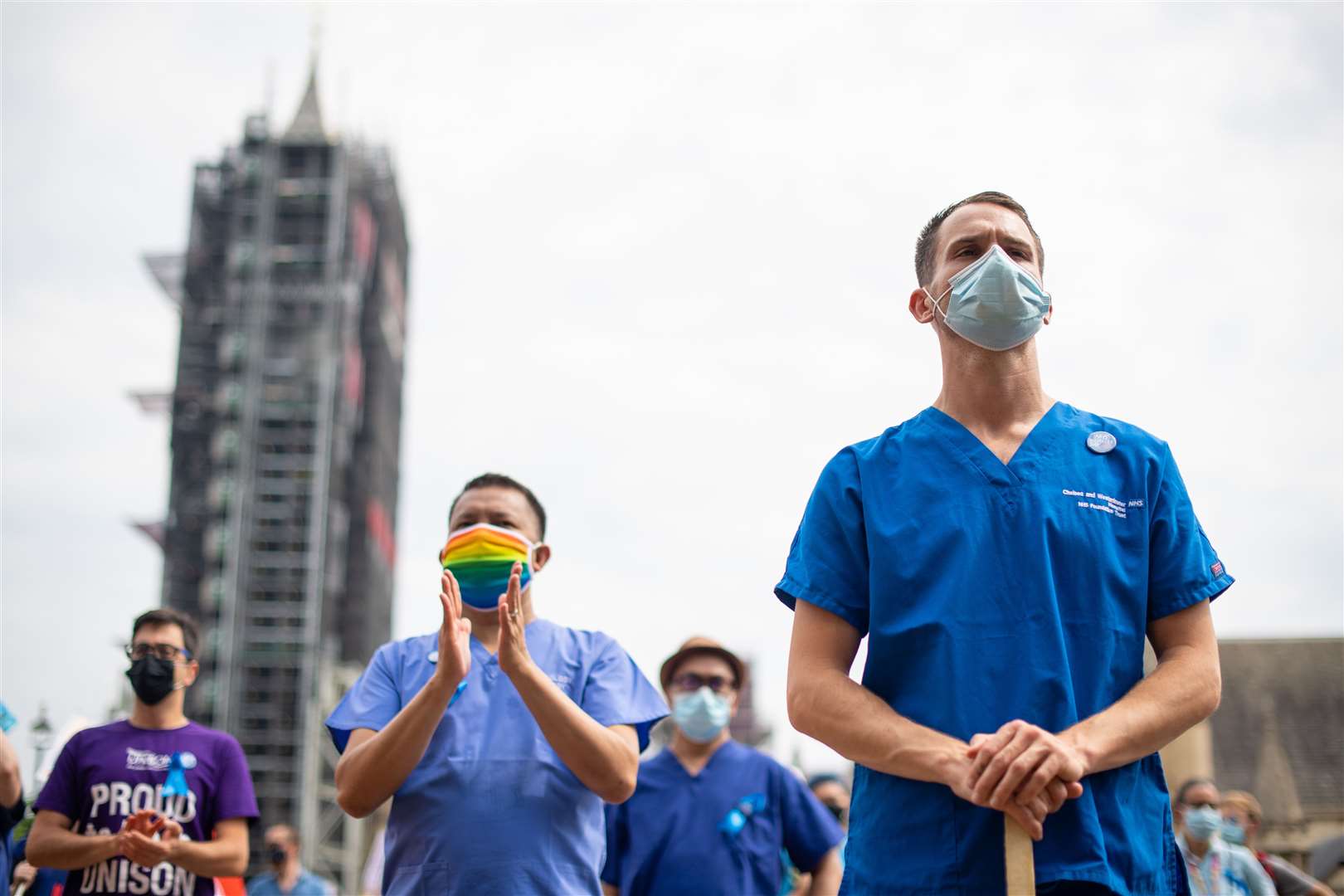 NHS workers at a rally in Parliament Square (Dominic Lipinski/PA)